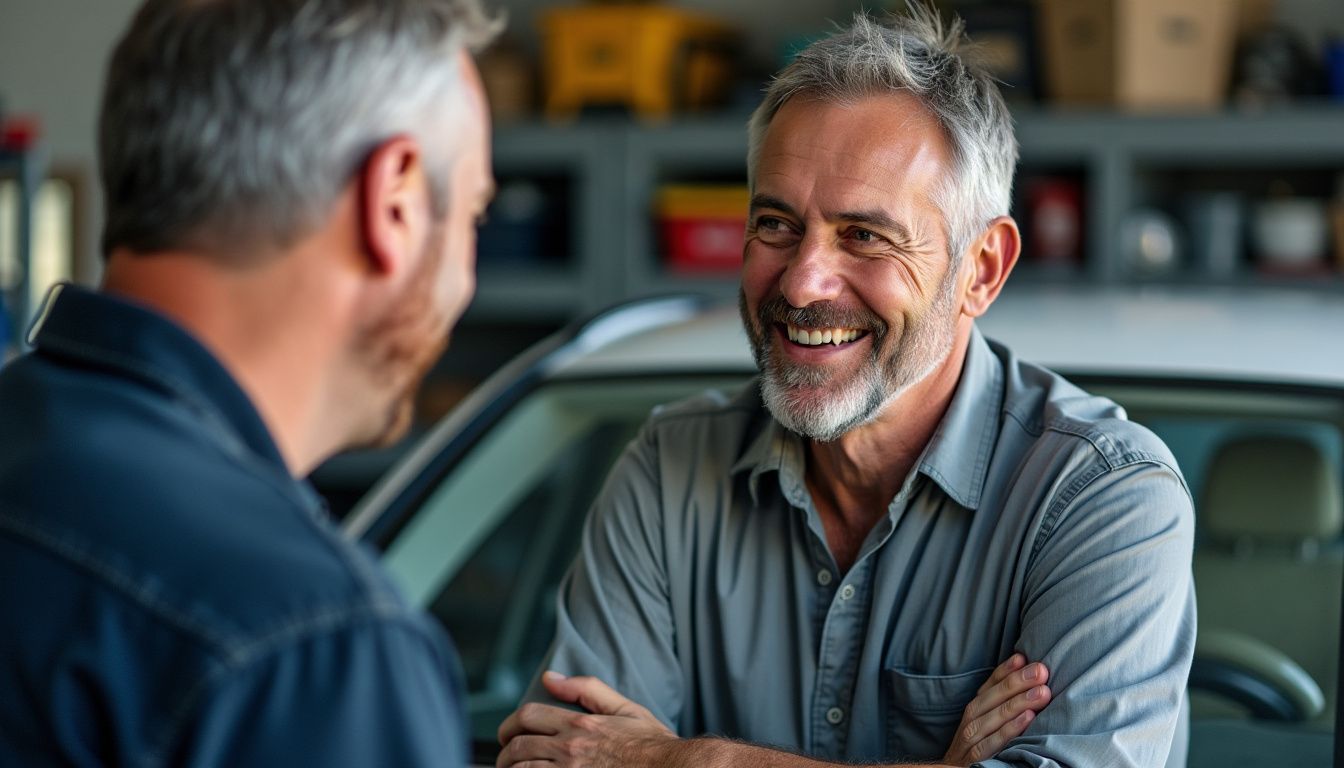 A middle-aged man in a workshop, discussing car window tinting options.