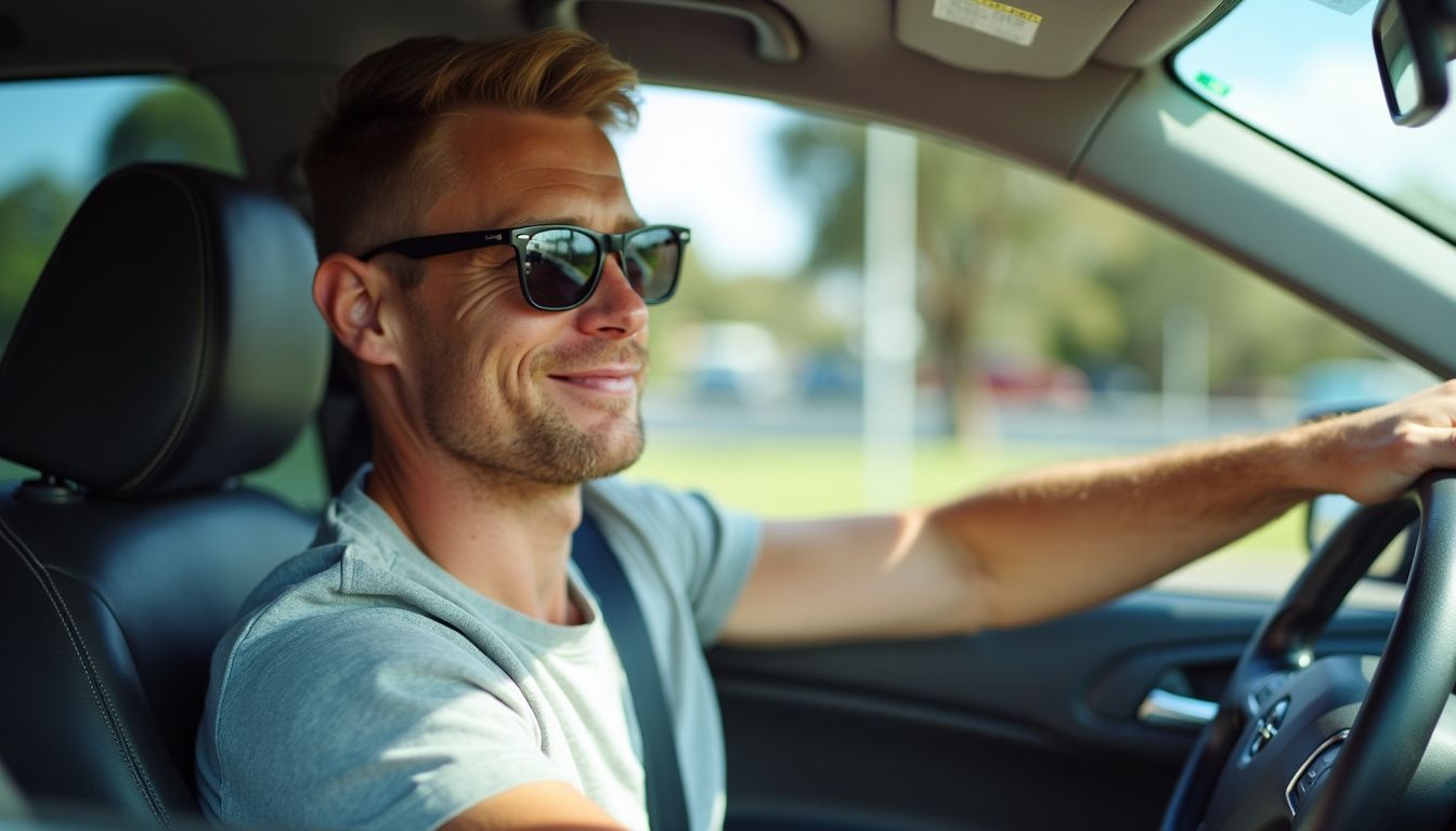 A mid-30s male driver wearing sunglasses in a car in Perth.