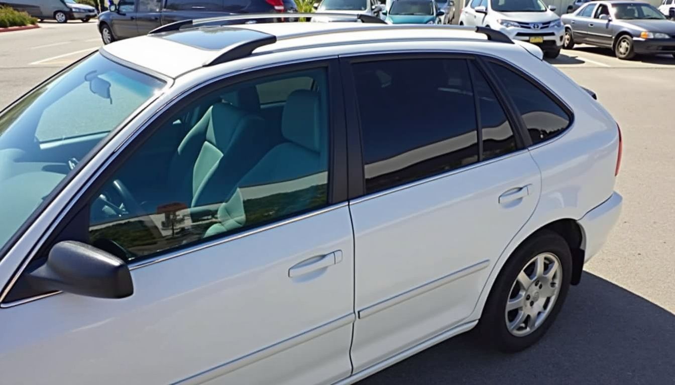 A car window displays three types of window tint in natural light.