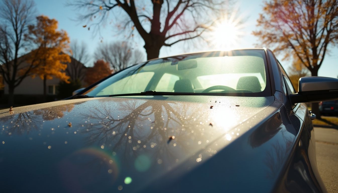 A car parked outside with a clear film, surrounded by autumn trees.