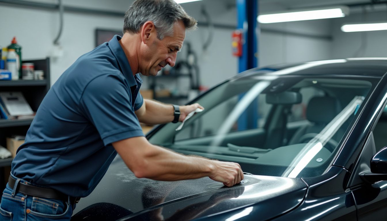 A technician applying protective film to a black car's hood in a local auto detail shop.