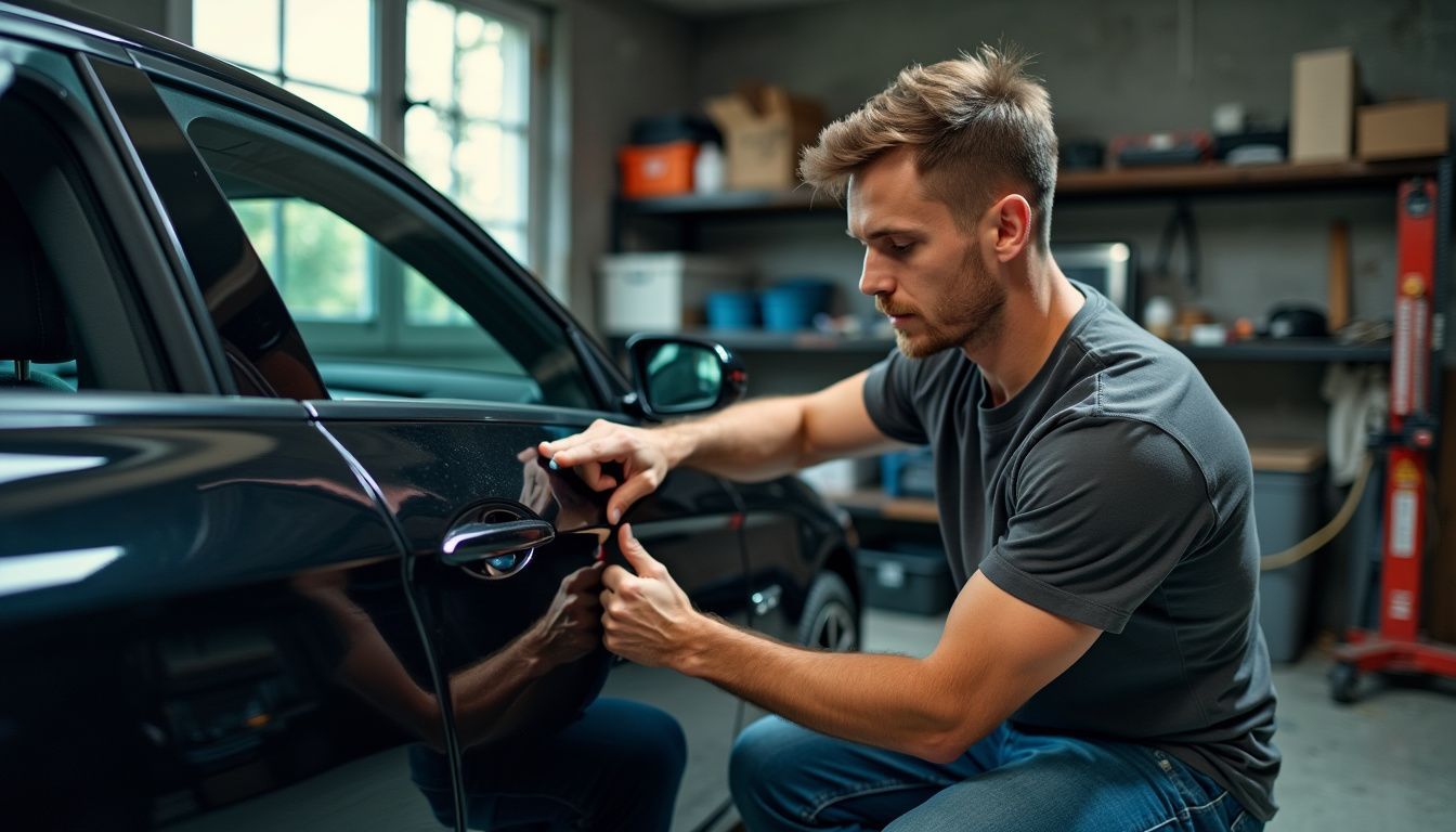 A man in his thirties is applying paint protection film to a black car in a garage.