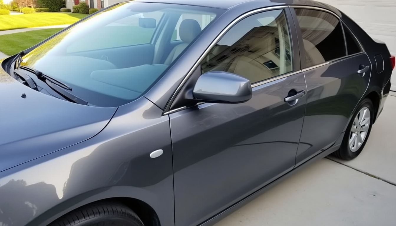 A car with paint protection film parked in suburban driveway.