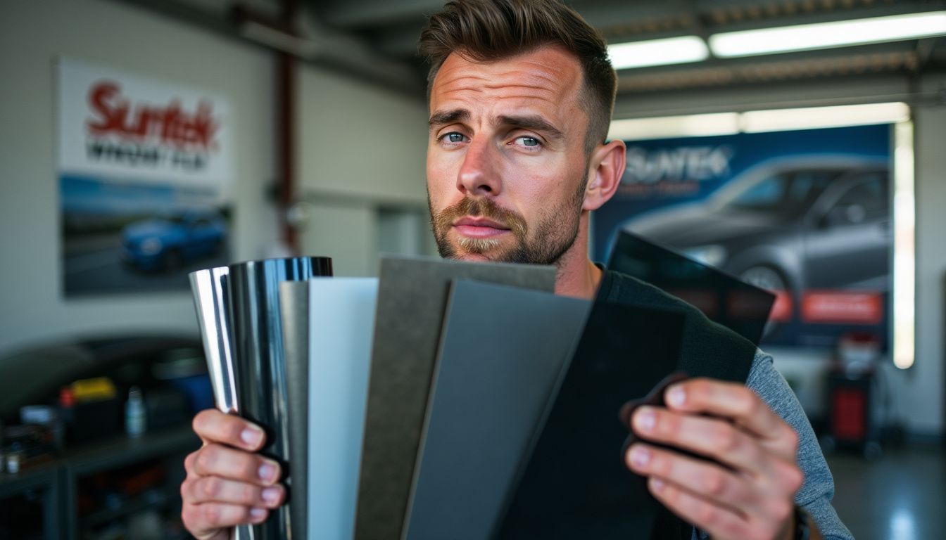 A window tinting technician in a garage displaying different types of window tint films for inspection.