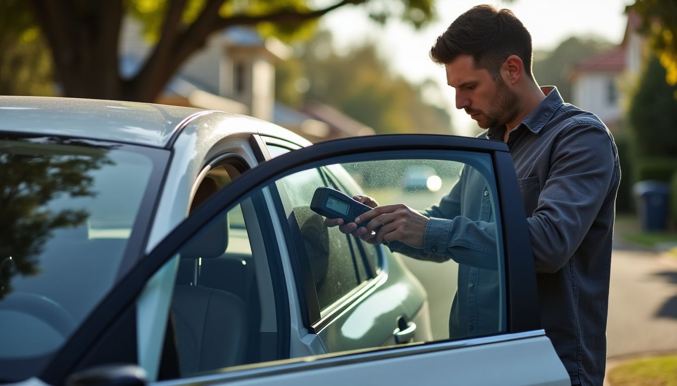 A person in their mid-30s checks the window tints of a car parked on a Perth street.