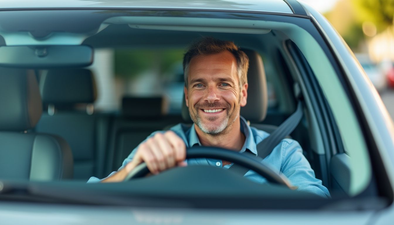 A man in his late 30s is driving a car with tinted windows on a sunny day.