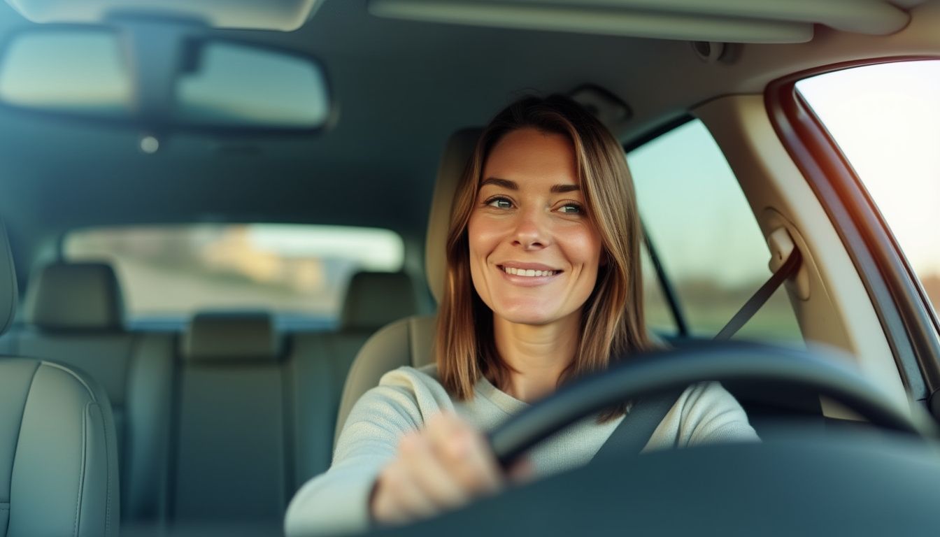 A woman in her late 30s is driving a car on a sunny day, appearing relaxed and comfortable.