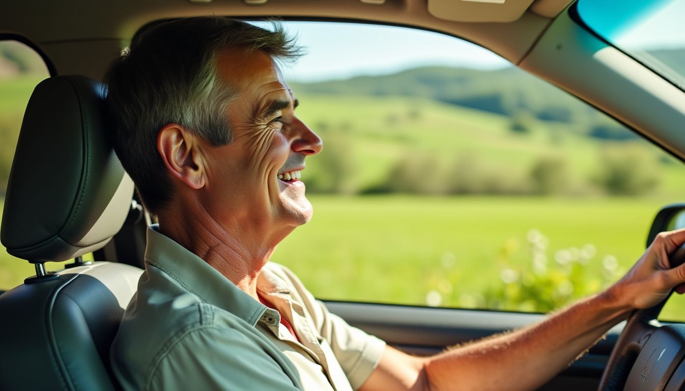 A middle-aged person drives through a lush countryside on a sunny day.