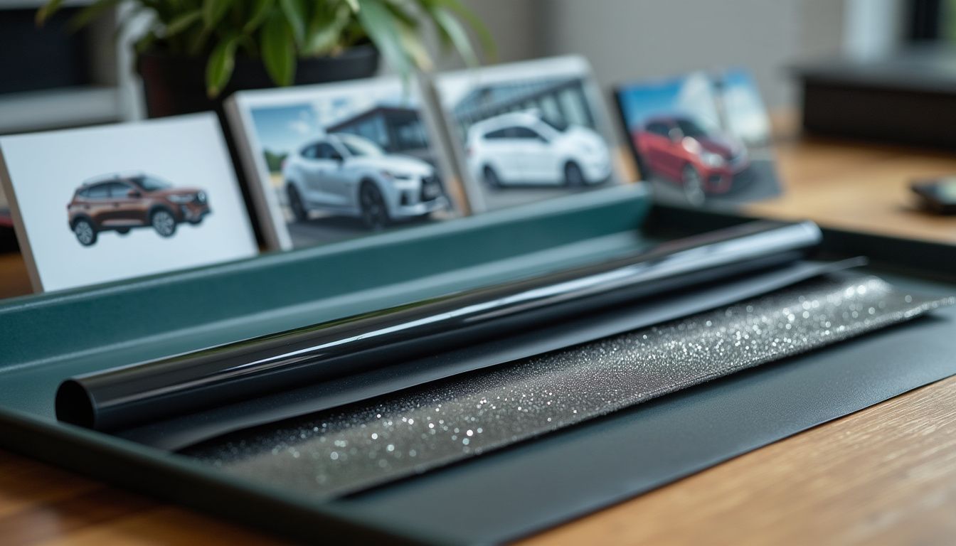 A close-up photo of window tinting materials on a table with car window samples in the background.