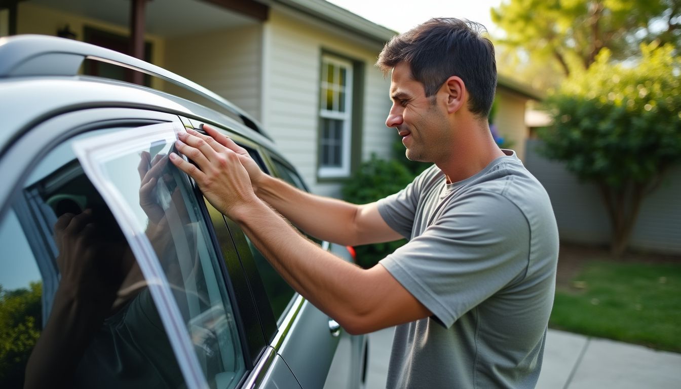 A person in their mid-30s is installing tint film on a car window in a residential driveway.