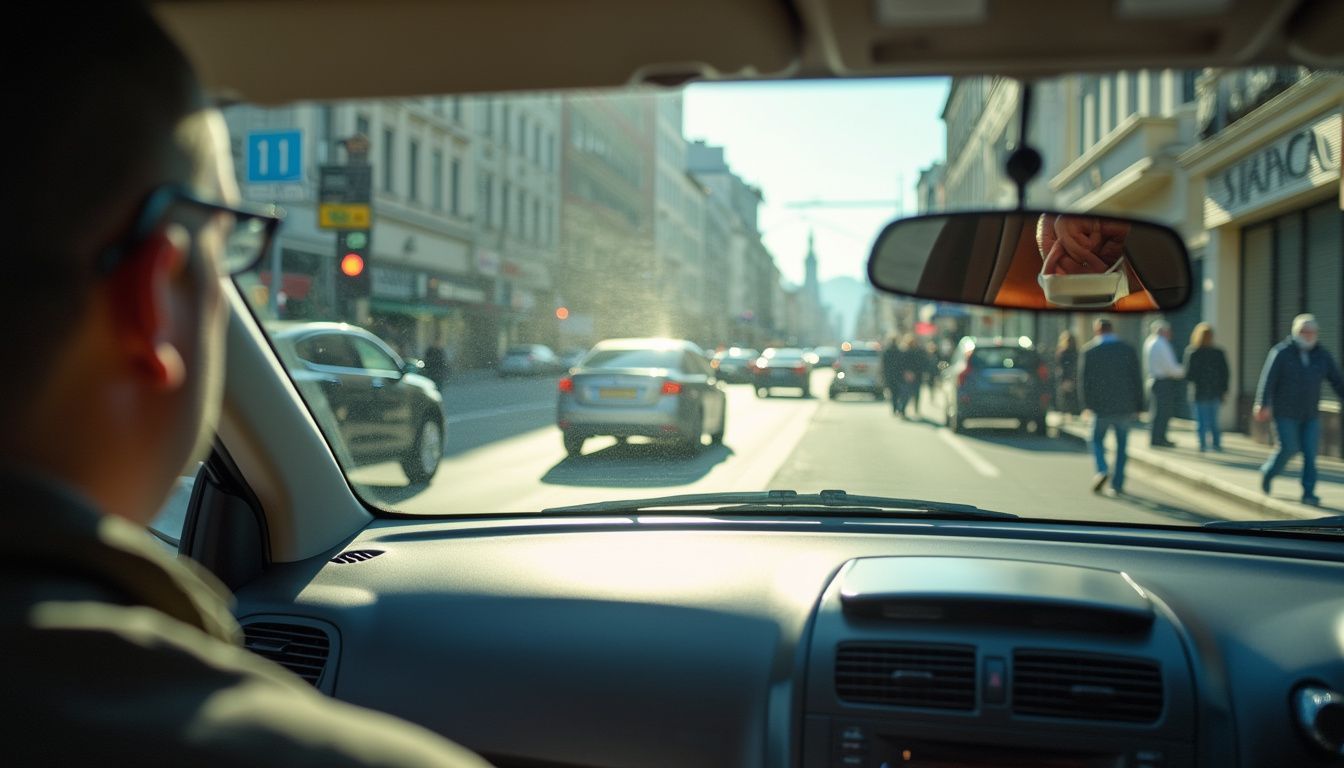 A car with tinted windows parked in a busy city under the bright sun.