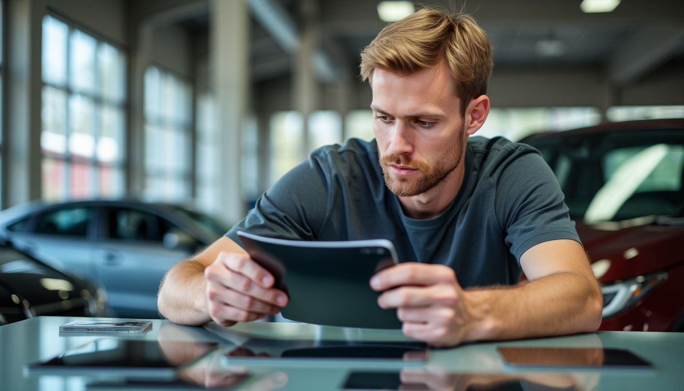 A man in his 30s is choosing car window tint samples in an auto shop.