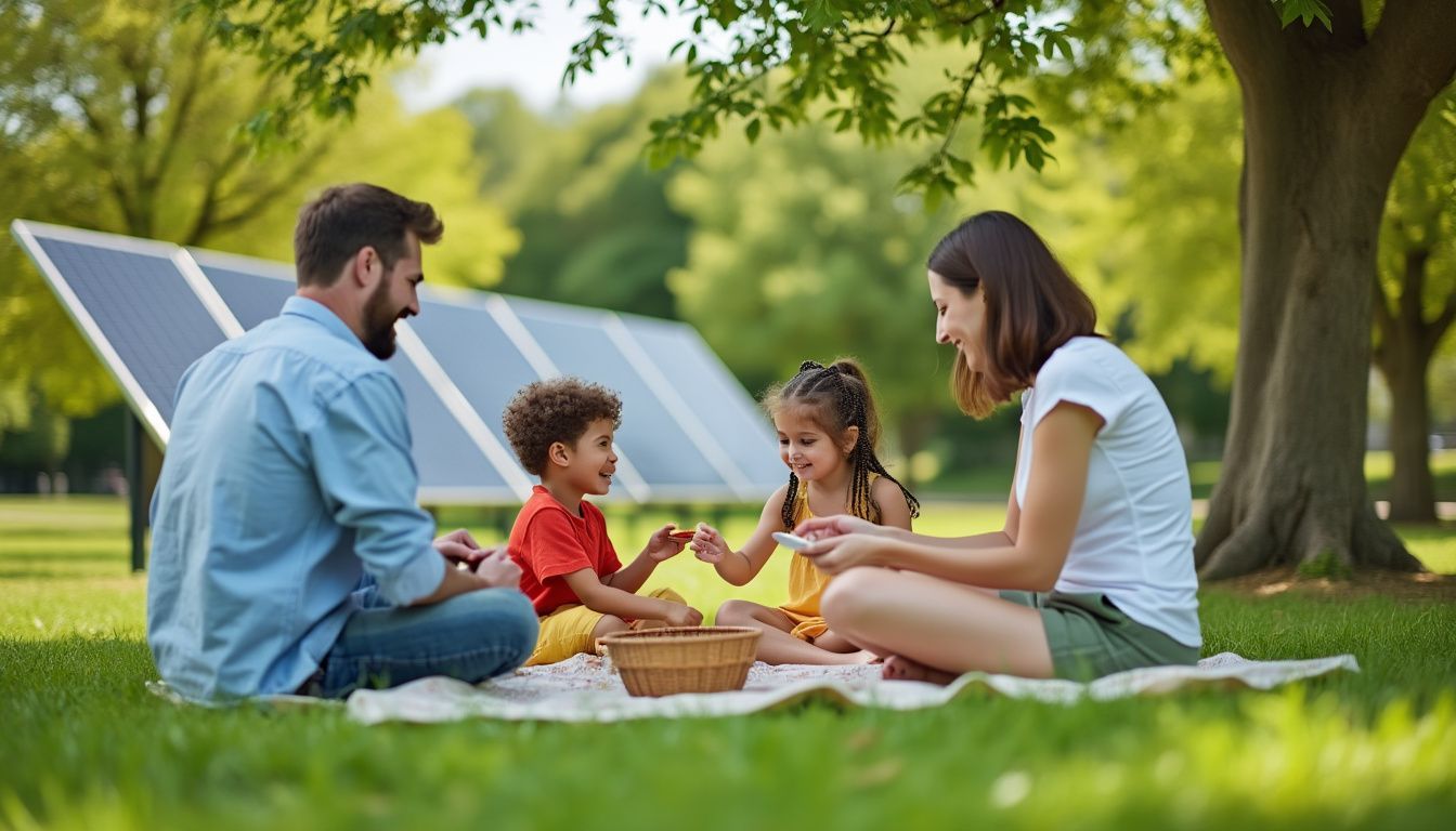 A family of four enjoying a picnic in a sunny park surrounded by greenery and solar panels, emphasizing sustainability.