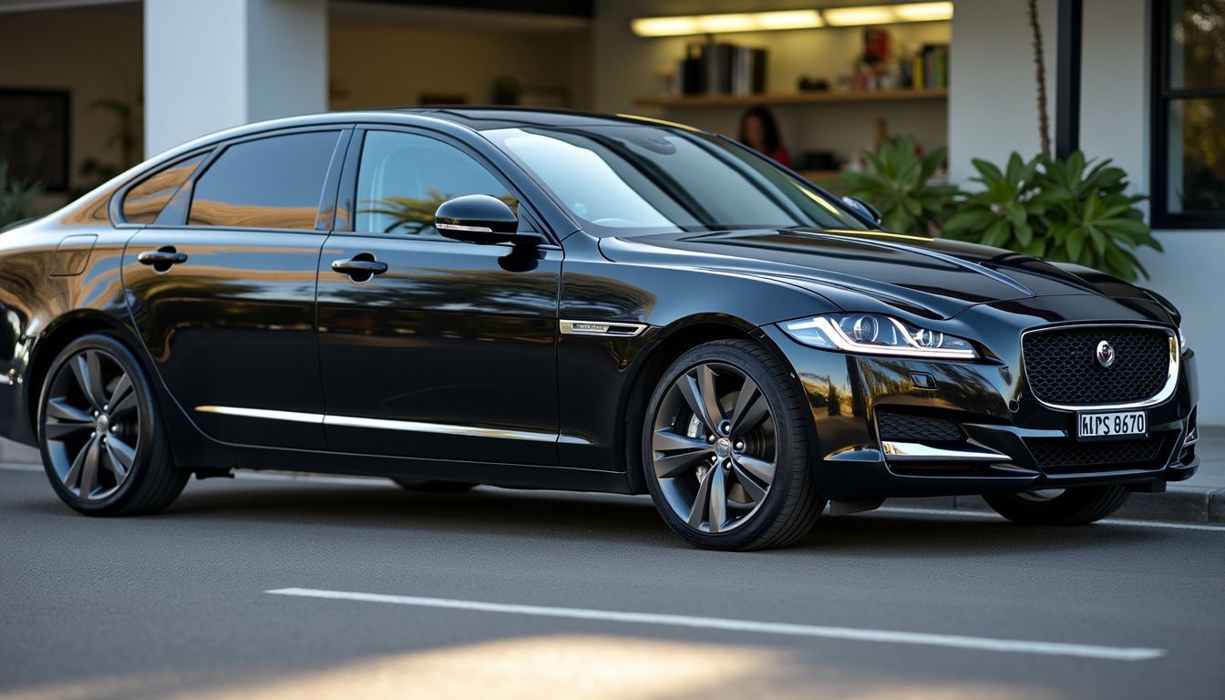 A black car with professional tint job parked outside a Perth shop.