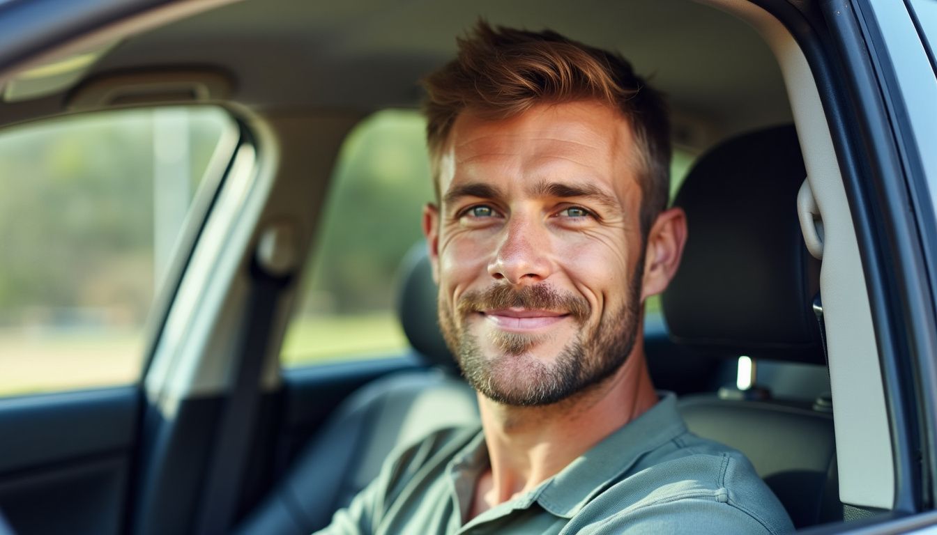 The photo shows a man in his 30s sitting casually in a car on a sunny day in Perth.