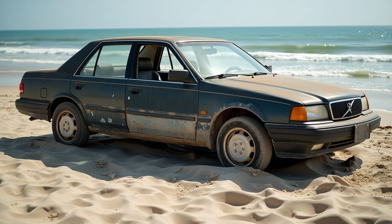 An old sedan with sun and saltwater damage parked at the beach.