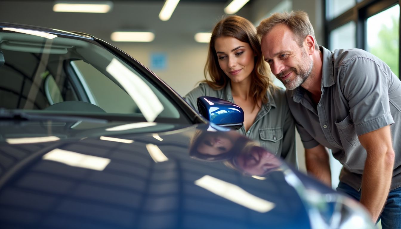 A couple in their 40s examining a shiny car with paint protection film in a showroom.