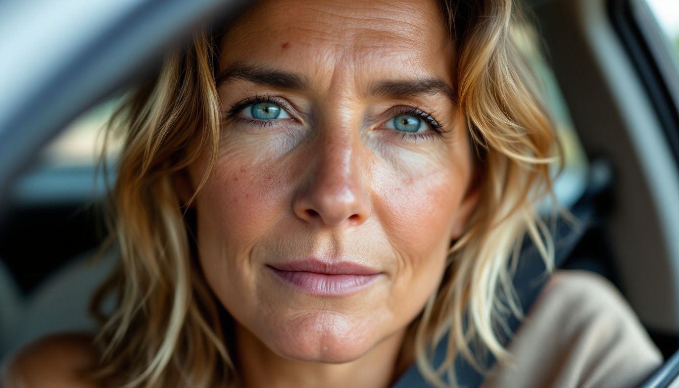 A middle-aged woman with visible sun damage sits in a car with the window slightly open.