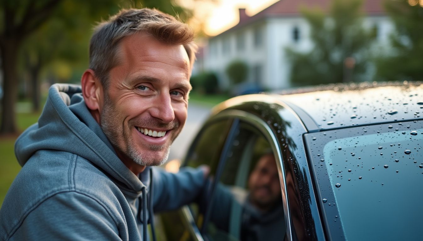 A man in his 40s smiles next to his gleaming car, showcasing the effectiveness of the ceramic coating.