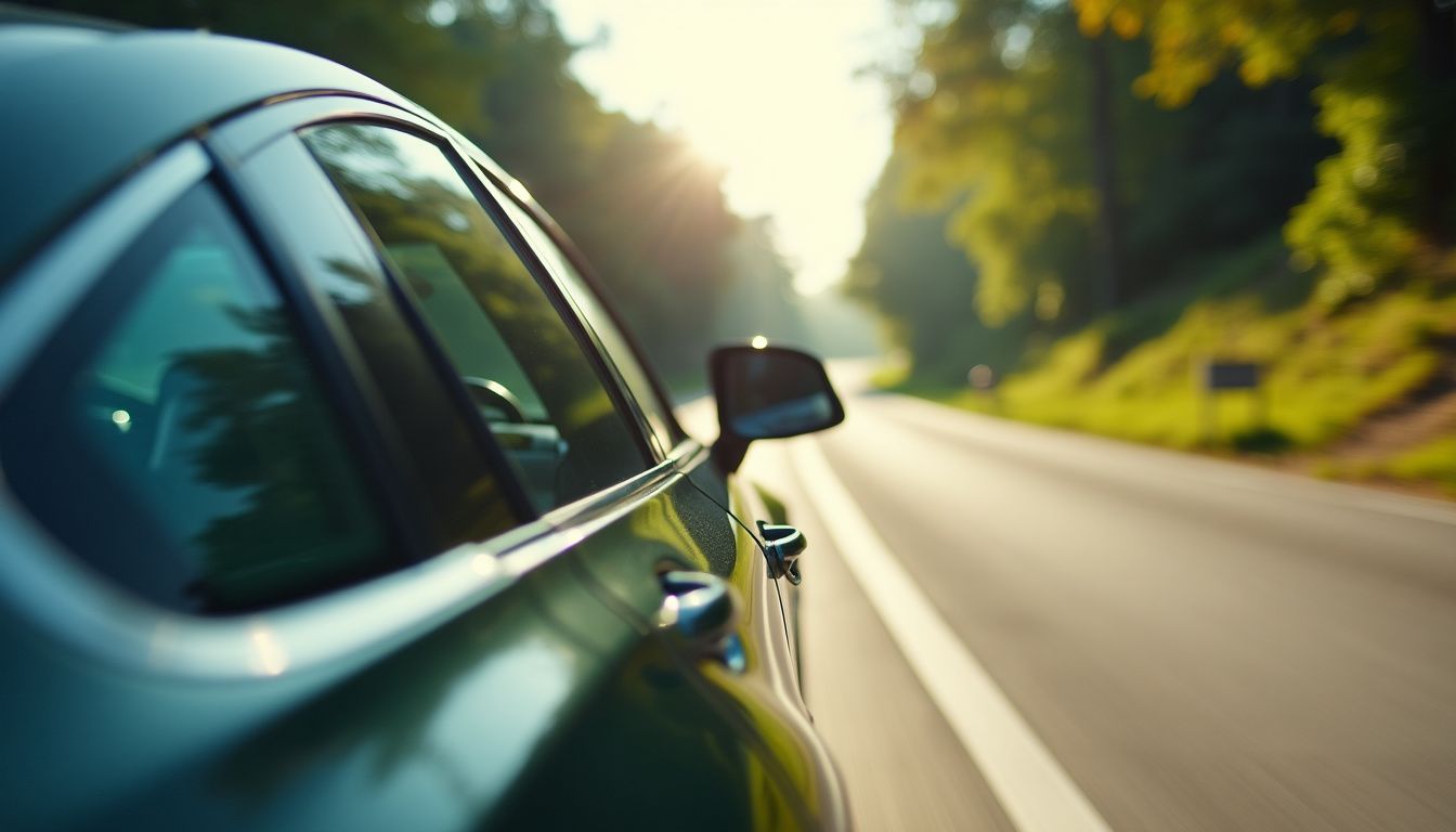 A car with tinted windows driving on a clear road, highlighting its efficient air conditioning system for reduced carbon emissions.