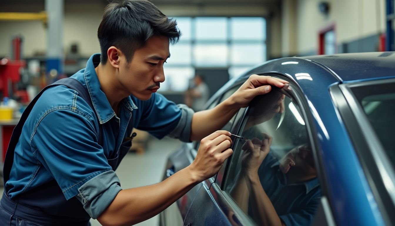 A mechanic carefully applies tint film to a car window in a busy auto workshop.