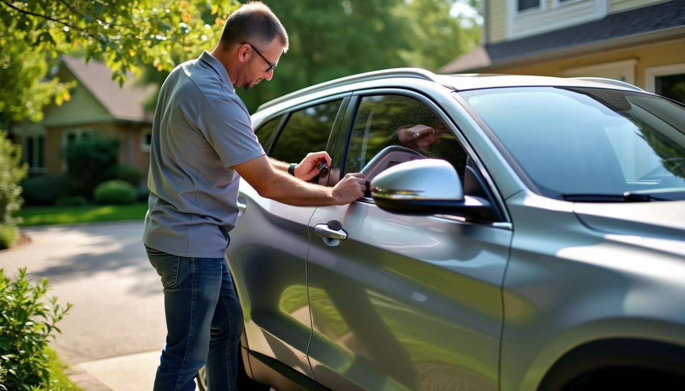 A car parked in a residential driveway is getting eco-friendly window tint applied for UV protection and interior cooling.