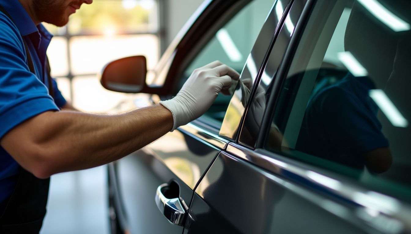 A close-up photo shows a car window tinting process in a Perth garage promoting eco-friendly service.