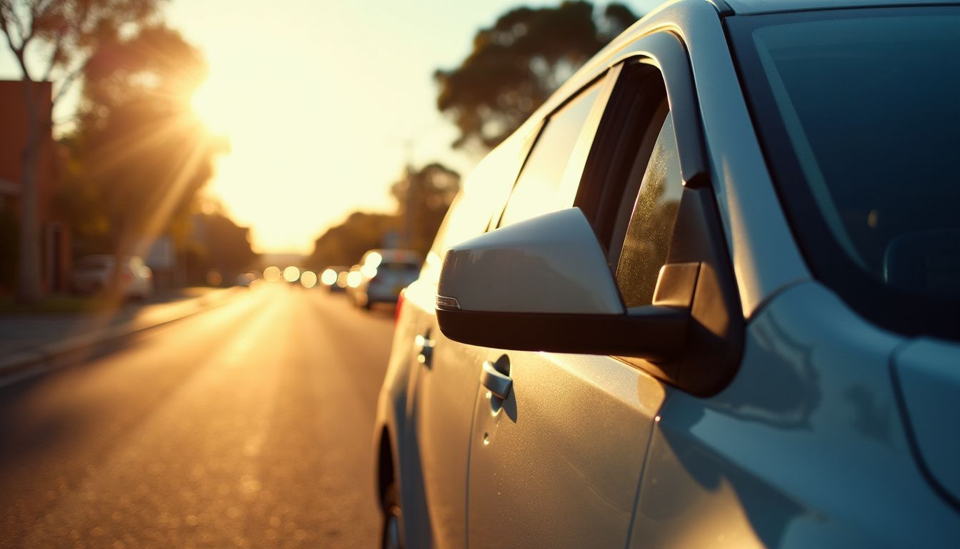 A parked car on hot asphalt under the bright Perth sun highlights the environmental impact of vehicle usage.