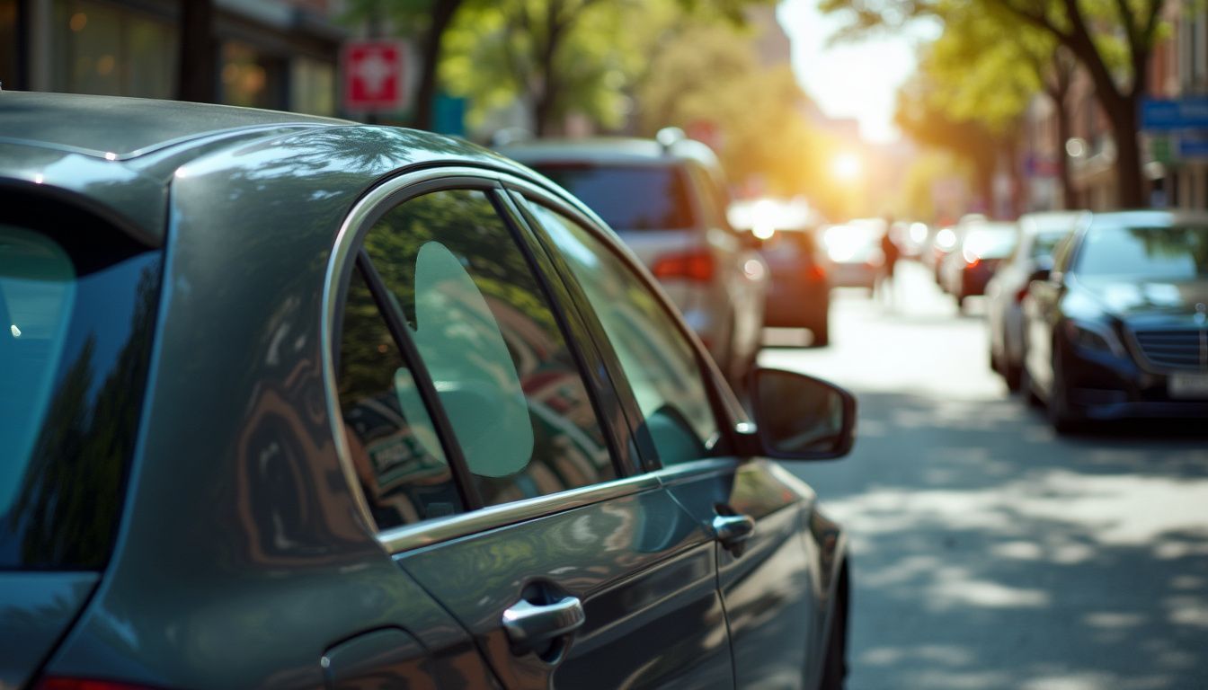 A dark sedan with tinted windows parked on a busy city street on a sunny day.