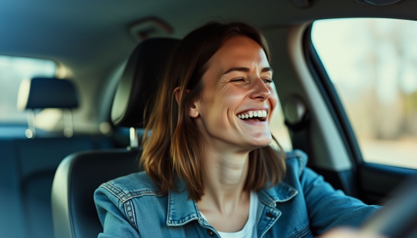 The woman in her 30s is happily singing along to music in her car.