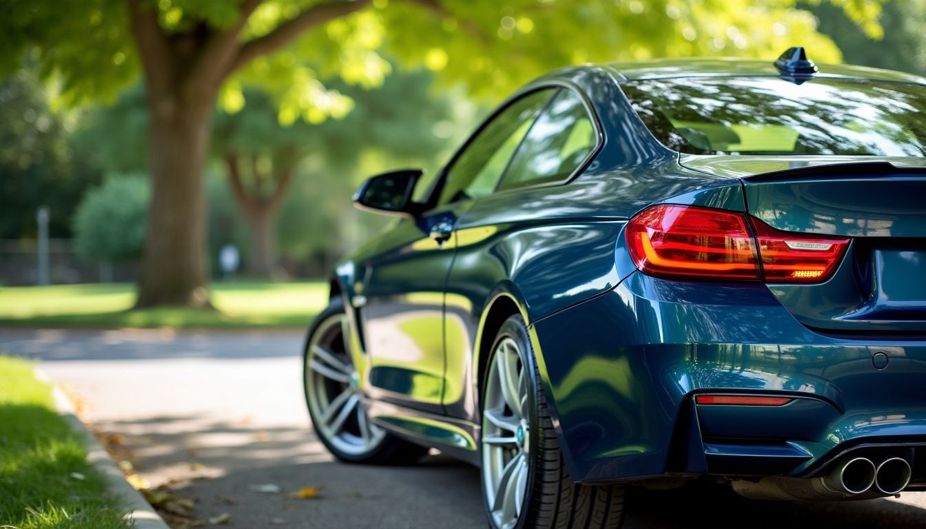 A car with ceramic coating shines under a tree, showcasing its durability and low-maintenance qualities.