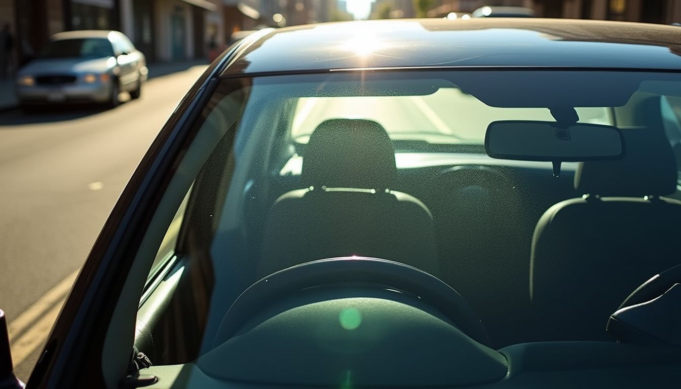 A parked car on a busy street with valuable items visible, making it vulnerable to theft.