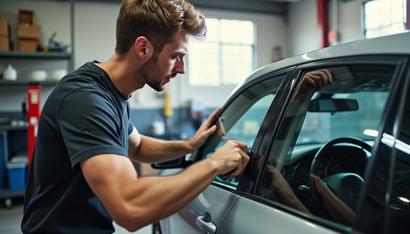 A mechanic applies tint film to a car window in a cluttered garage.