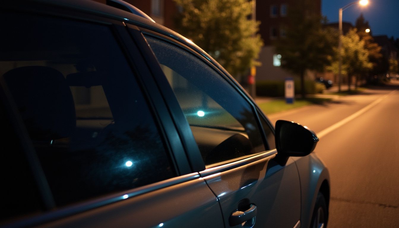 A parked car with tinted windows reflects soft light from a dimly lit street at night.