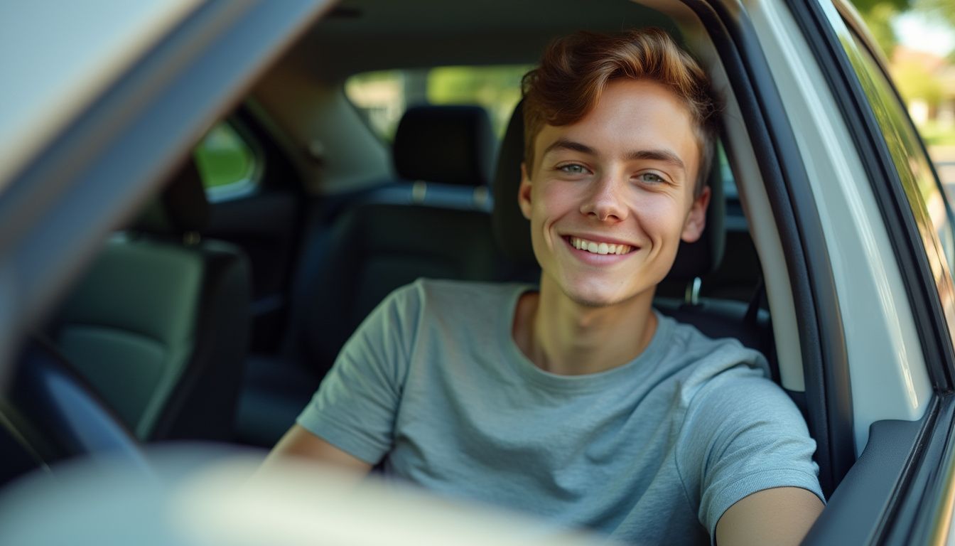 A person sits inside a car in a suburban neighborhood, highlighting the importance of understanding tint regulations.