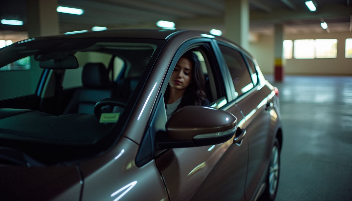 A car with dark tinted windows parked in a dimly lit parking lot.