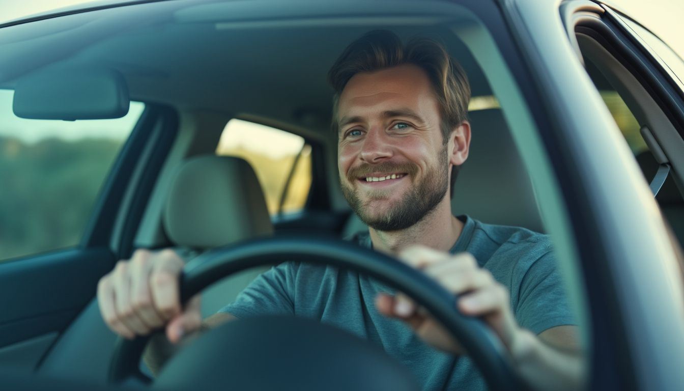 A man in his mid-30s enjoys a relaxed drive in his car.