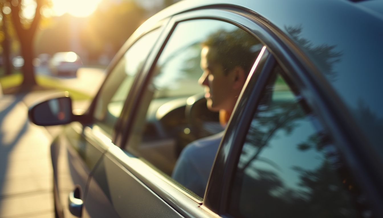 A car with tinted windows is parked on a sunny day, providing comfort and privacy.