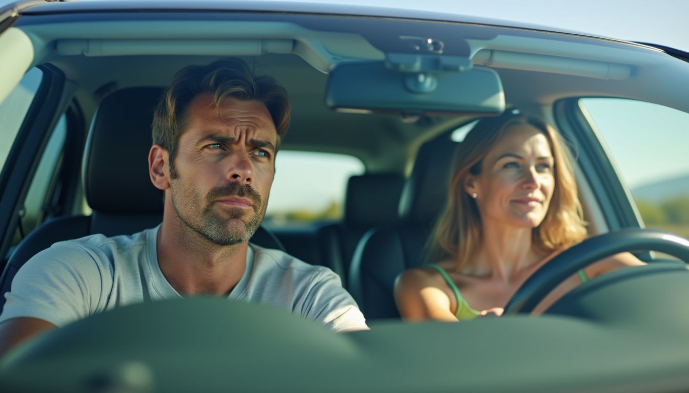 A man struggles with the intense sun glare while driving, while the woman enjoys a comfortable and glare-free ride.