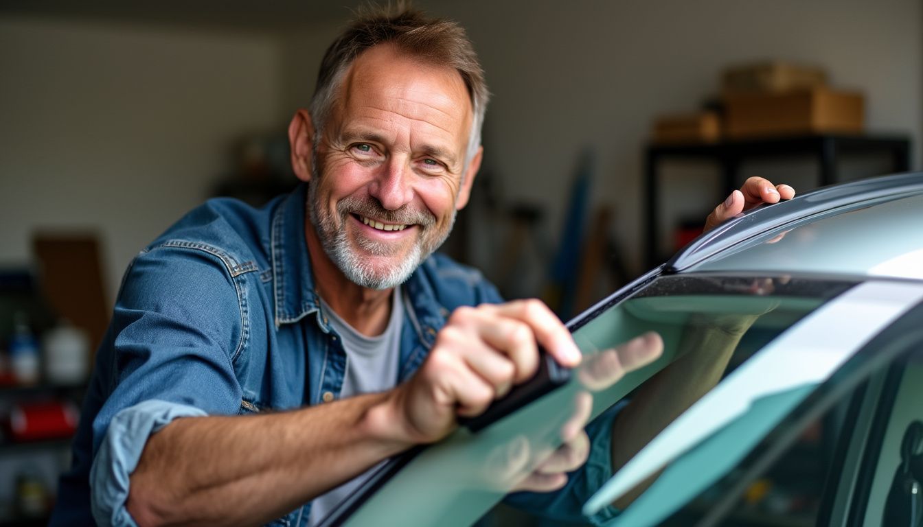 A man is tinting a car window in a home garage.