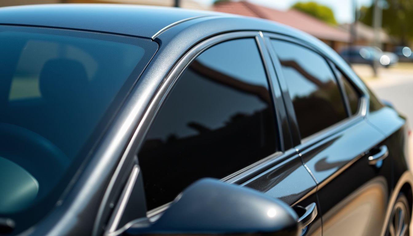 Close-up photo of a black car with different types of window tints in bright natural lighting.