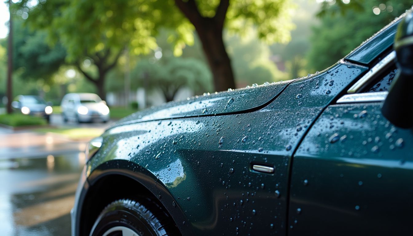 A ceramic-coated car parked under a tree with water droplets beading off after a light rain shower.