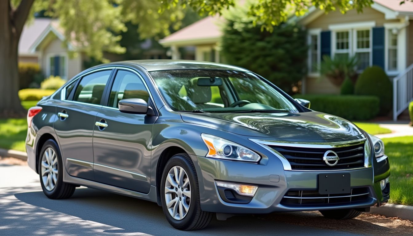 A well-maintained sedan with inexpensive window tinting parked in front of a house on a sunny day.