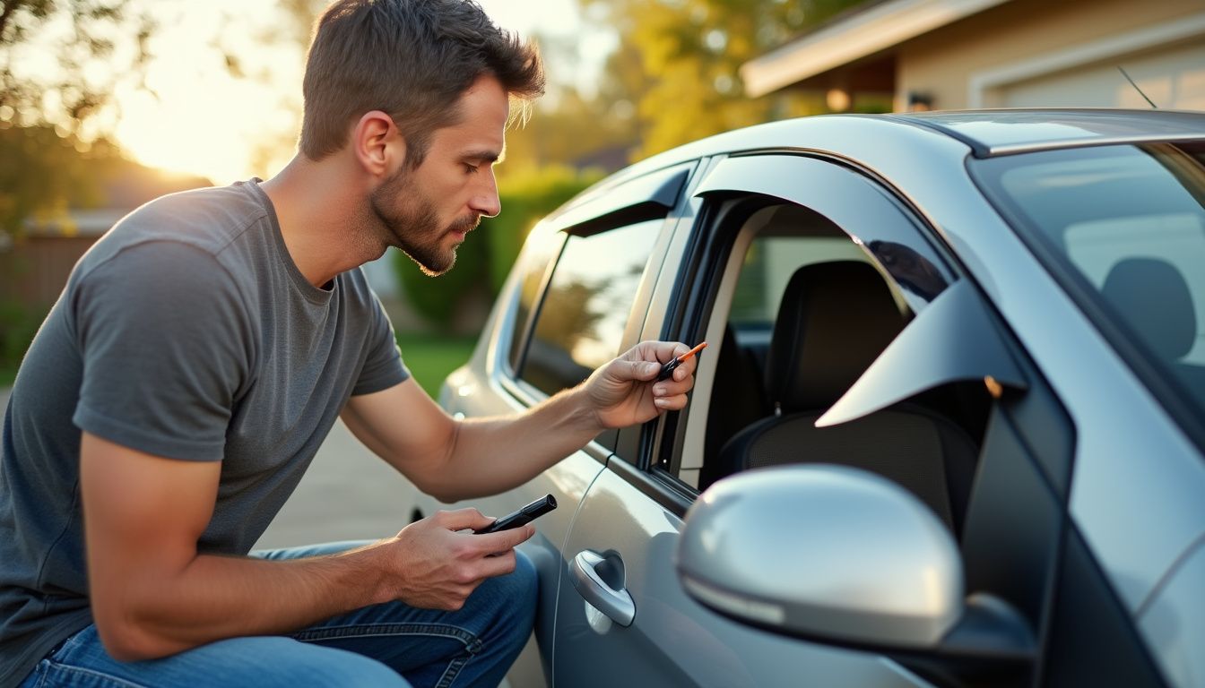 A man in his 30s is DIY tinting a compact car in a residential driveway.