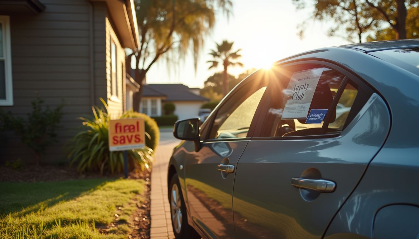 A car with tinted windows parked outside a suburban house, featuring a loyalty club sticker and a savings sign.