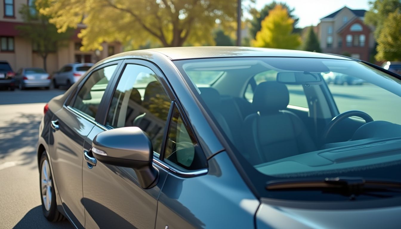 A car with tinted windows parked in a sunny parking lot for privacy and heat reduction.