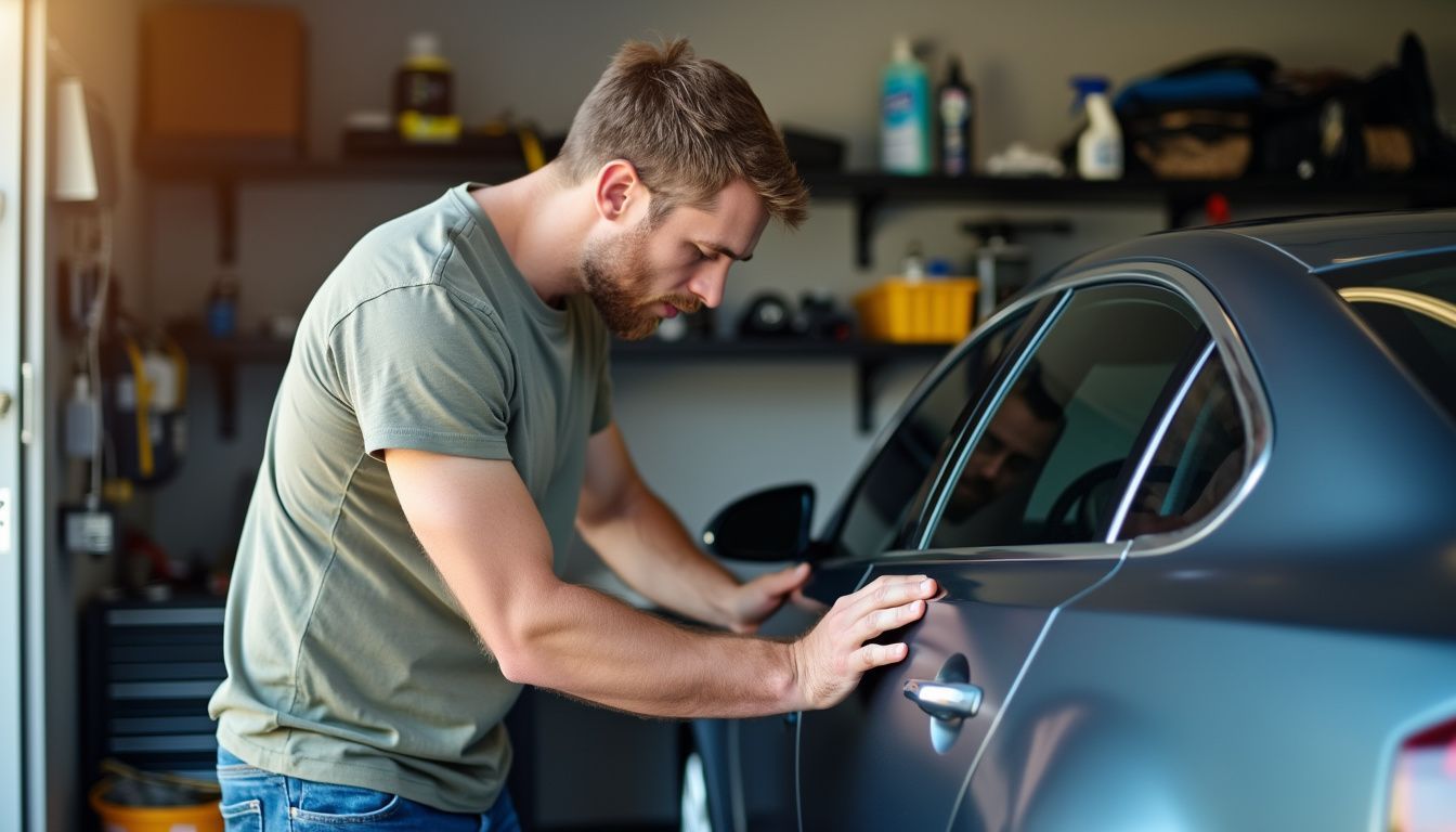 A man inspects his ceramic-coated car outside a car detailing shop on a sunny day.