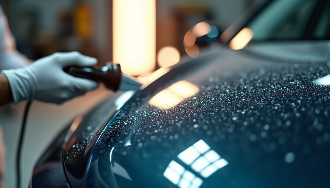 A car being treated with a glossy SiO2 ceramic coating in a workshop.