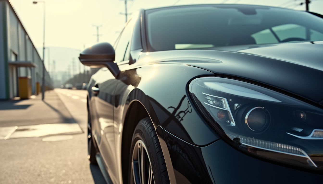 A shiny car with ceramic shield finish parked in an urban setting under bright sunlight.