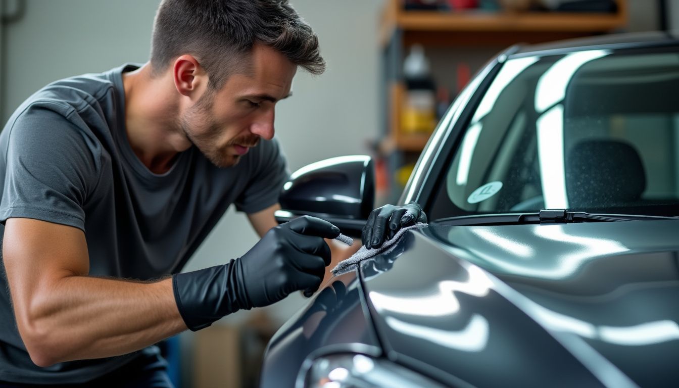 A man in his 30s is applying ceramic coating to his car in a garage.